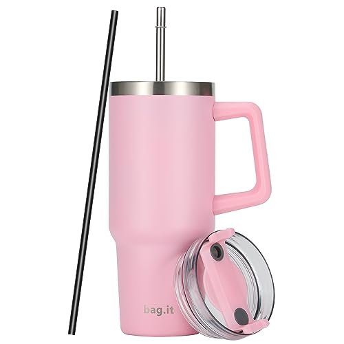 Travel Mug with Straw and Lid 30oz, Tumbler with Handle, Stainless Steel Double Wall Travel Flask with +2 Straws | Vacuum Insulated Water Bottle for Hot or Iced Drink (Pink, 900ml)