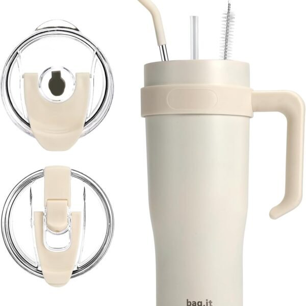 BAG.IT Travel Mug with Handle & Straw, Tumbler with Lid, Stainless Steel Coffee Cup with +2 Straws & Lids | Leak Proof Vacuum Insulated Water Bottle for Hot & Iced Drink (Cream, 30oz)