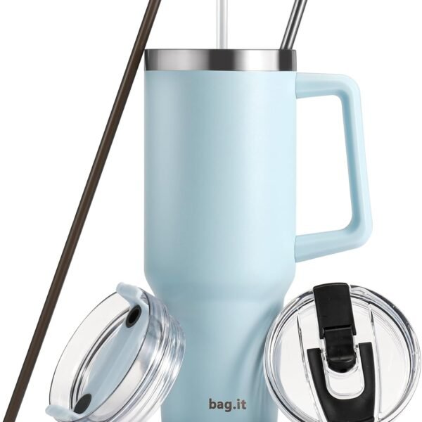 BAG.IT Travel Mug with Straw and Lid, Tumbler with Handle, Stainless Steel Travel Flask with Straws & Lids | Leak Proof Coffee Stanle Cup for Hot or Iced Drink (Sky Blue, 40oz)