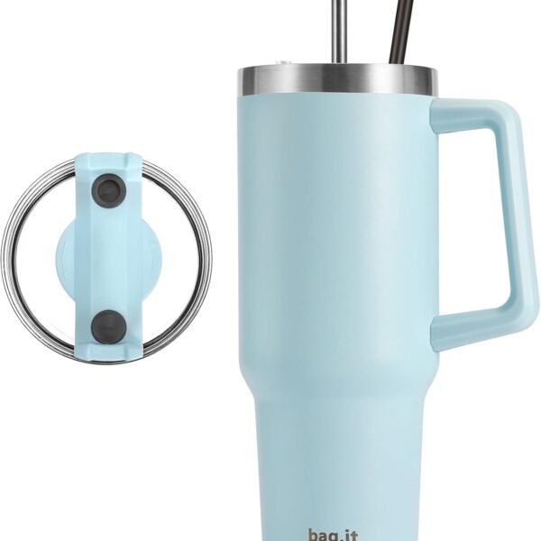 BAG.IT Travel Mug with Straw and Lid, Tumbler with Handle, Stainless Steel Travel Flask with Straws & Lids | Leak Proof Coffee Stanle Cup for Hot or Iced Drink (Sky Blue, 30oz)