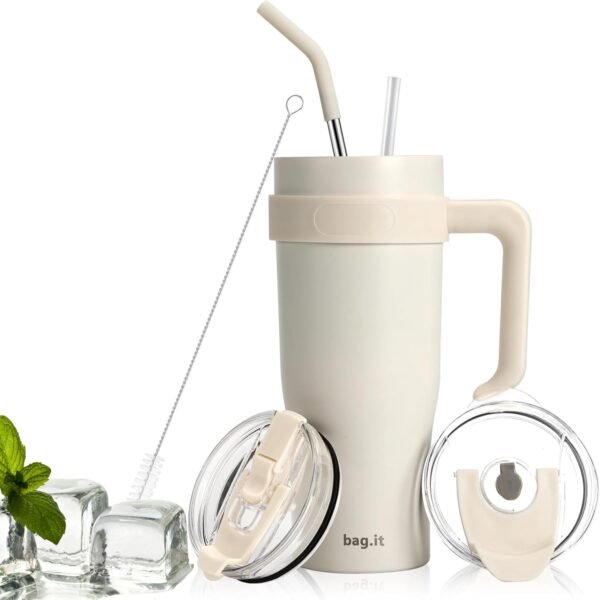 BAG.IT Travel Mug with Straw and Lid, Tumbler with Handle, Stainless Steel Travel Flask with Straws & Lids | Leak Proof Coffee Stanle Cup for Hot or Iced Drink (Cream, 40oz)