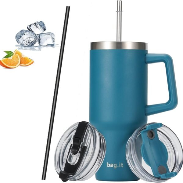 BAG.IT Travel Mug with Straw and Lid 40oz, Tumbler with Handle, Stainless Steel Travel Flask with +2 Straws & Lids | Leak Proof Stanleys Coffee Cup for Hot or Iced Drink (Blue,1200ml)