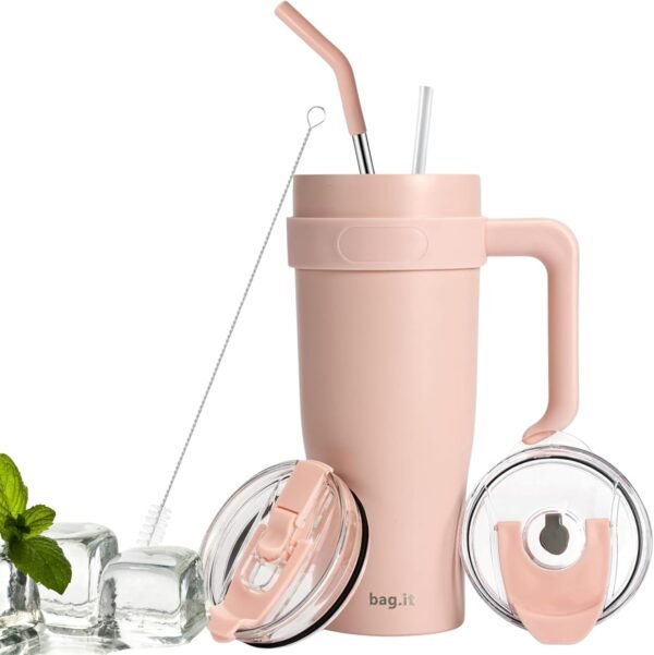 BAG.IT Travel Mug with Straw and Lid, Tumbler with Handle, Stainless Steel Travel Flask with Straws & Lids | Leak Proof Coffee Stanle Cup for Hot or Iced Drink (Pinky, 40oz)