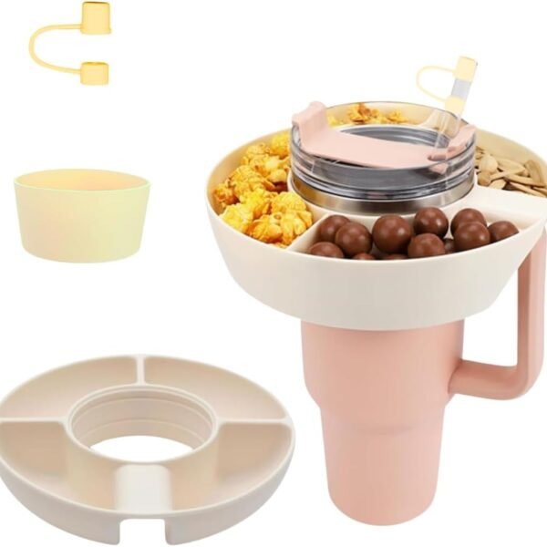 Snack Tray for Stanley Cup 40oz | 4 Silicon Compartments Tray Stanleys Cup Accessories kit, Bottom Grip & Straw Cover Caps, Fits 40 oz Quencher H2.0 Cup - Stanley Cup Compatible Snack Bowl (Cream)
