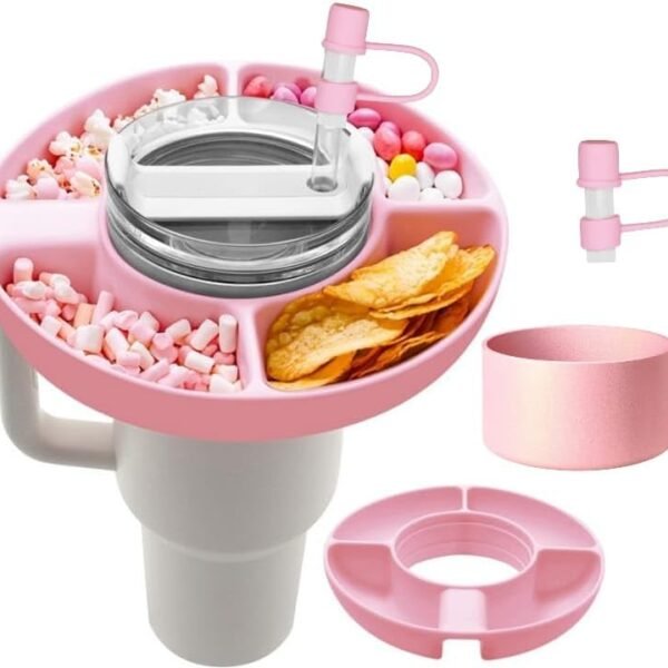 Snack Tray for Stanley Cup 40oz | 4 Silicon Compartments Tray Stanleys Cup Accessories kit, Bottom Grip & Straw Cover Caps, Fits 40 oz Quencher H2.0 Cup - Stanley Cup Compatible Snack Bowl (Pink)