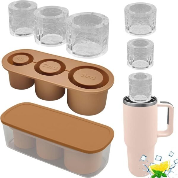 Stanley Cup Ice Cube Mold, Silicon Reusable Ice Cube Tray Mould for Tumbler with Lid 30/40oz Stanley Accessories Ice for Freezer Drinks Coffee (Brown+Box)