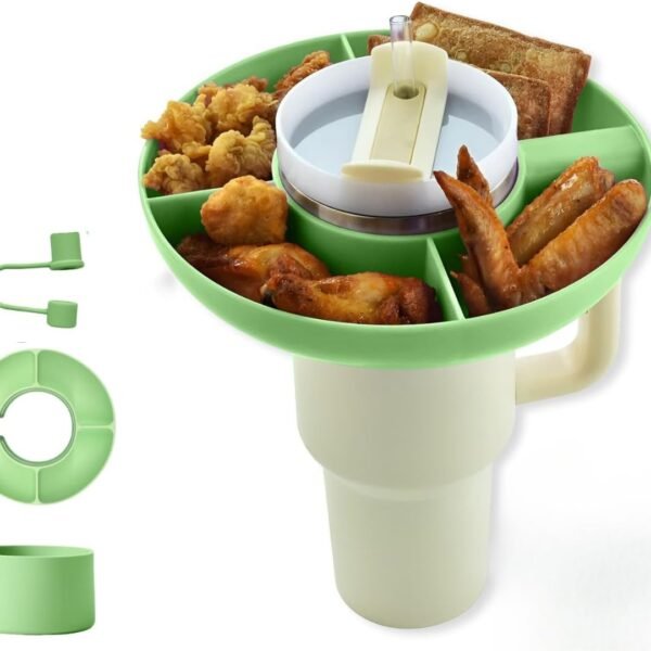 Snack Tray for Stanley Cup 40oz | 4 Silicon Compartments Tray Stanleys Cup Accessories kit, Bottom Grip & Straw Cover Caps, Fits 40 oz Quencher H2.0 Cup - Stanley Cup Compatible Snack Bowl (Green)