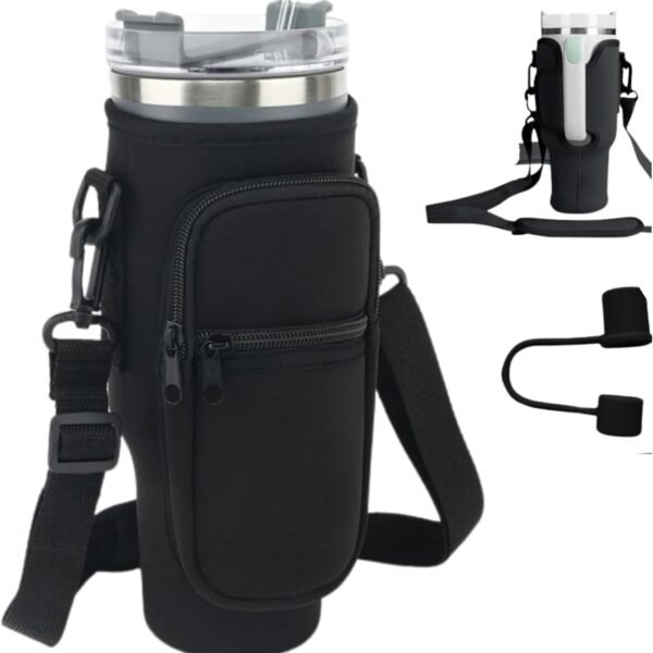 Stanley Cup Bag, Cup Accessories Holder with Adjustable Strap & Phone Pocket for Bottles, 40oz Tumbler for Walking and Hiking (Black Bag + Straw Stopper)
