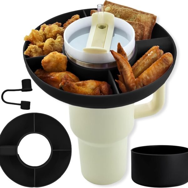 Snack Bowl for Stanley Cup 40oz | 4 Silicon Compartments Tray with Accessories kit Bottom Grip & Straw Cover Caps, Fits 40 oz Quencher H2.0 Cup, Snack Storage Organizers (Black)