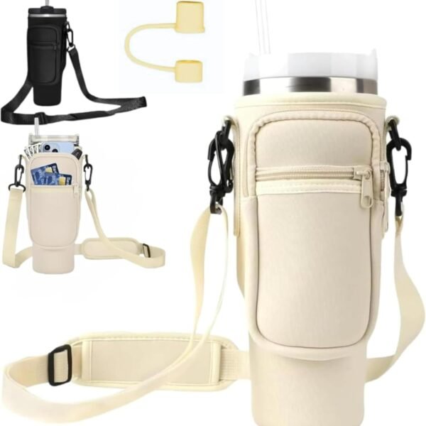 Stanley Cup Bag, Cup Accessories Holder with Adjustable Strap & Phone Pocket for Bottles | 40 oz Stanley Cup Holder | Stanley Bag Carry Case for Walking and Hiking (Beige Bag + Straw Stopper)