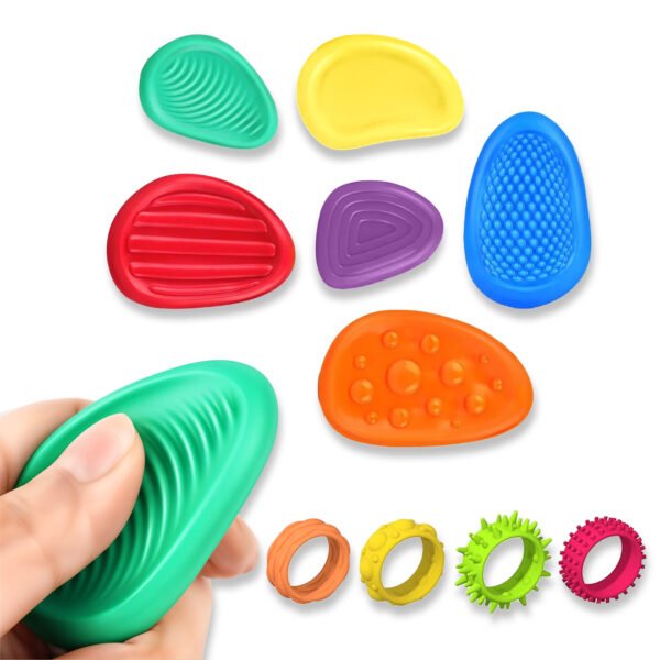 6 Pcs Sensory Stone + 4 Sensory Rings Set | Anxiety & Stress Relief Finger Toys for Autism + ADHD, Emotion Worry, Focus, Relax & Sensory Stimulation ,Classroom Fidget Rubber Toys for Kids & Adults
