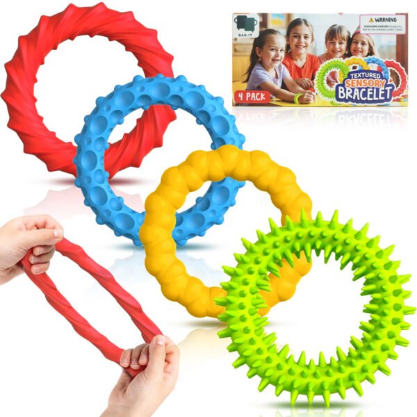 BAG.IT 4 Pack Sensory Bracelet Toys for Kids & Adults Stretchy Fidget Bracelet for Stress Relief with Texture & Calming Sensory Fidget Toys for Special Needs & Autistic Children